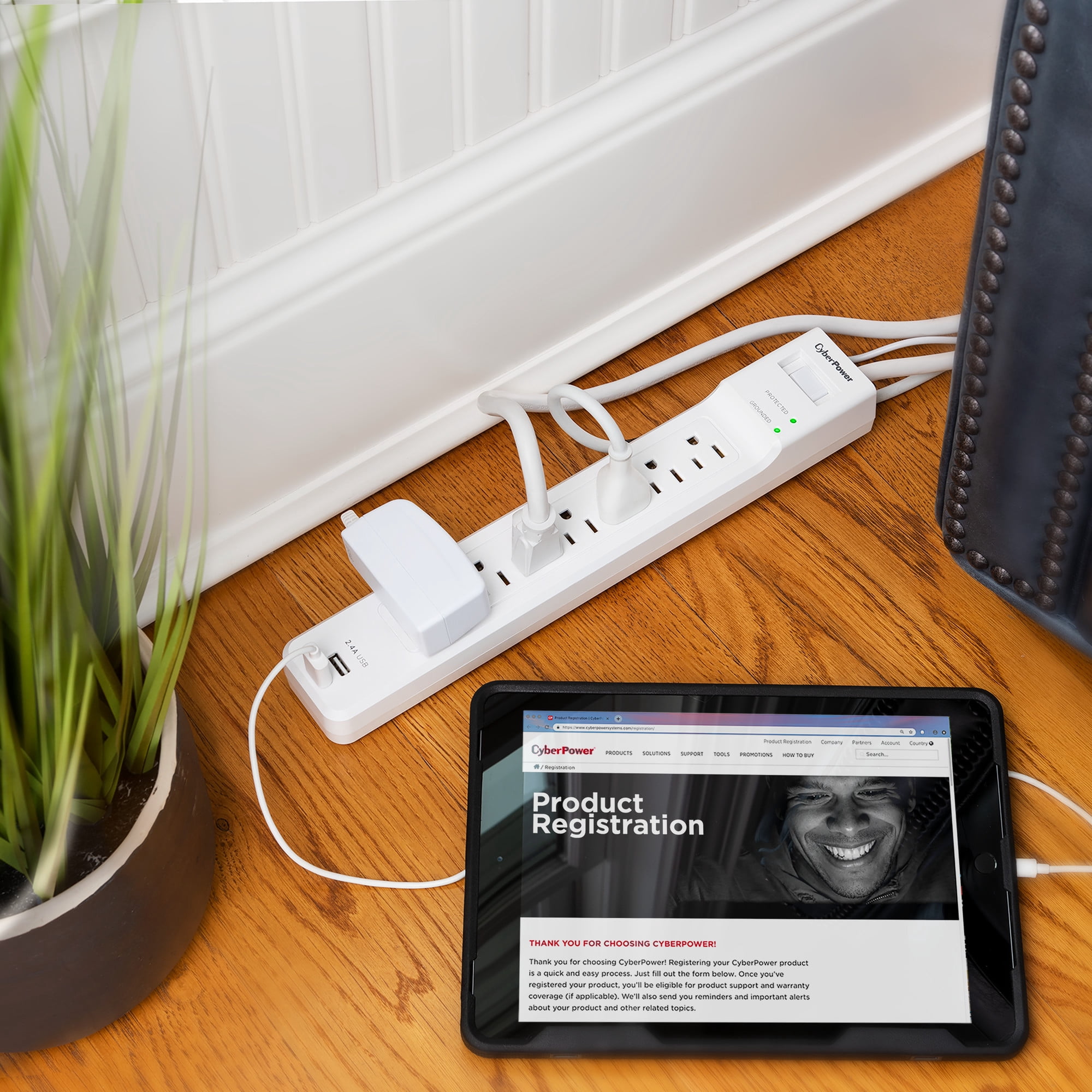 CyberPower P703URC1 - 2000 Joule White Surge Protector Power Strip with 2 USB-A Ports, 7 Outlets and 3 ft Extension Cord