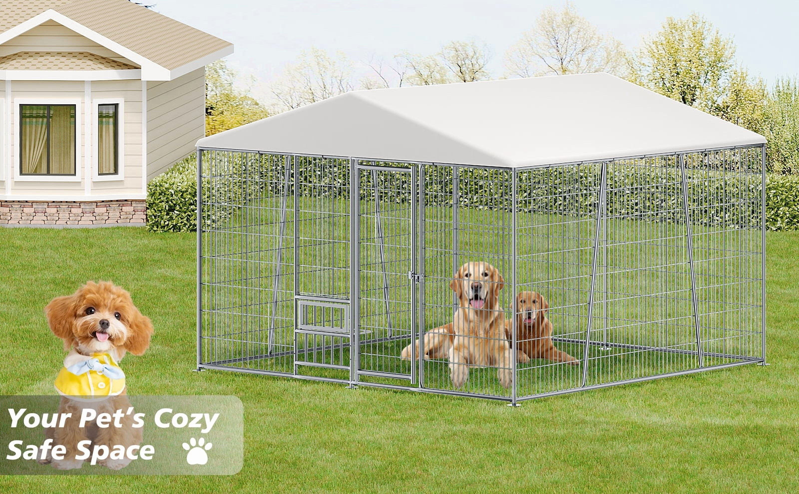 VEPXXP Lockable 10' Stainless Steel Outdoor Pet Kennel & Crate for Dog & Cat with Feeding Bowl