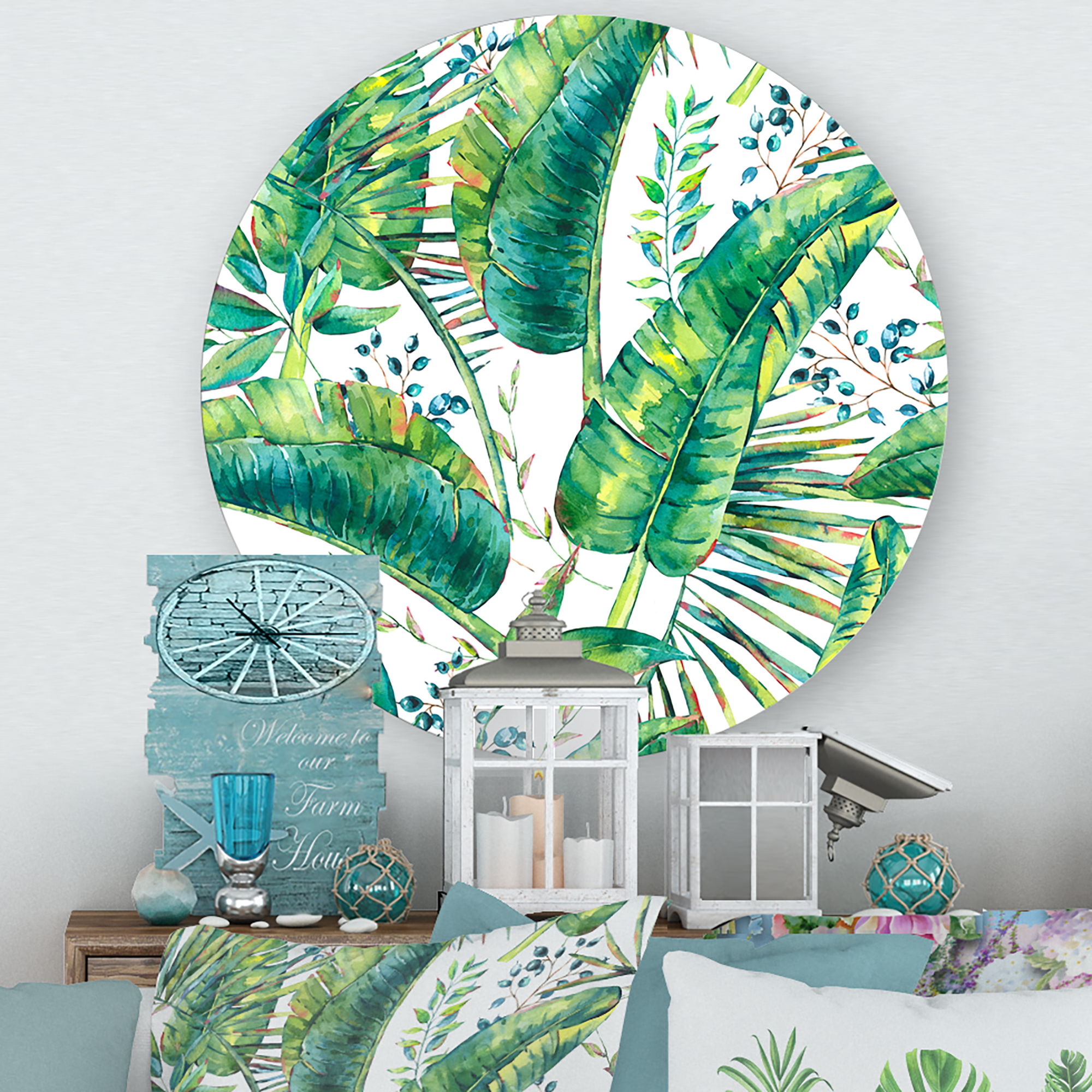 Designart 'Ancient Pattern Of Banana Leaves' Lake House Circle Metal Wall Art 11x11 - Disc of 11