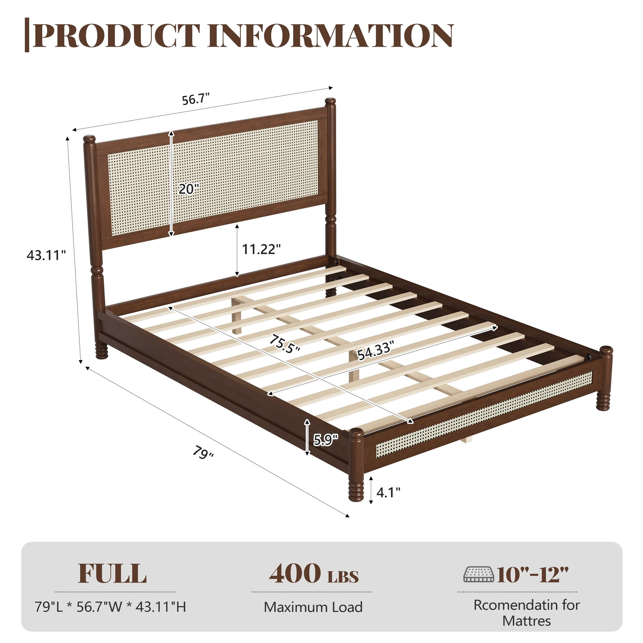 GDF Studio Annes Full Size Boho Rattan Platform Bed Frame with Turned Legs, Woven Cane Pine Wood Bed Frame, Walnut
