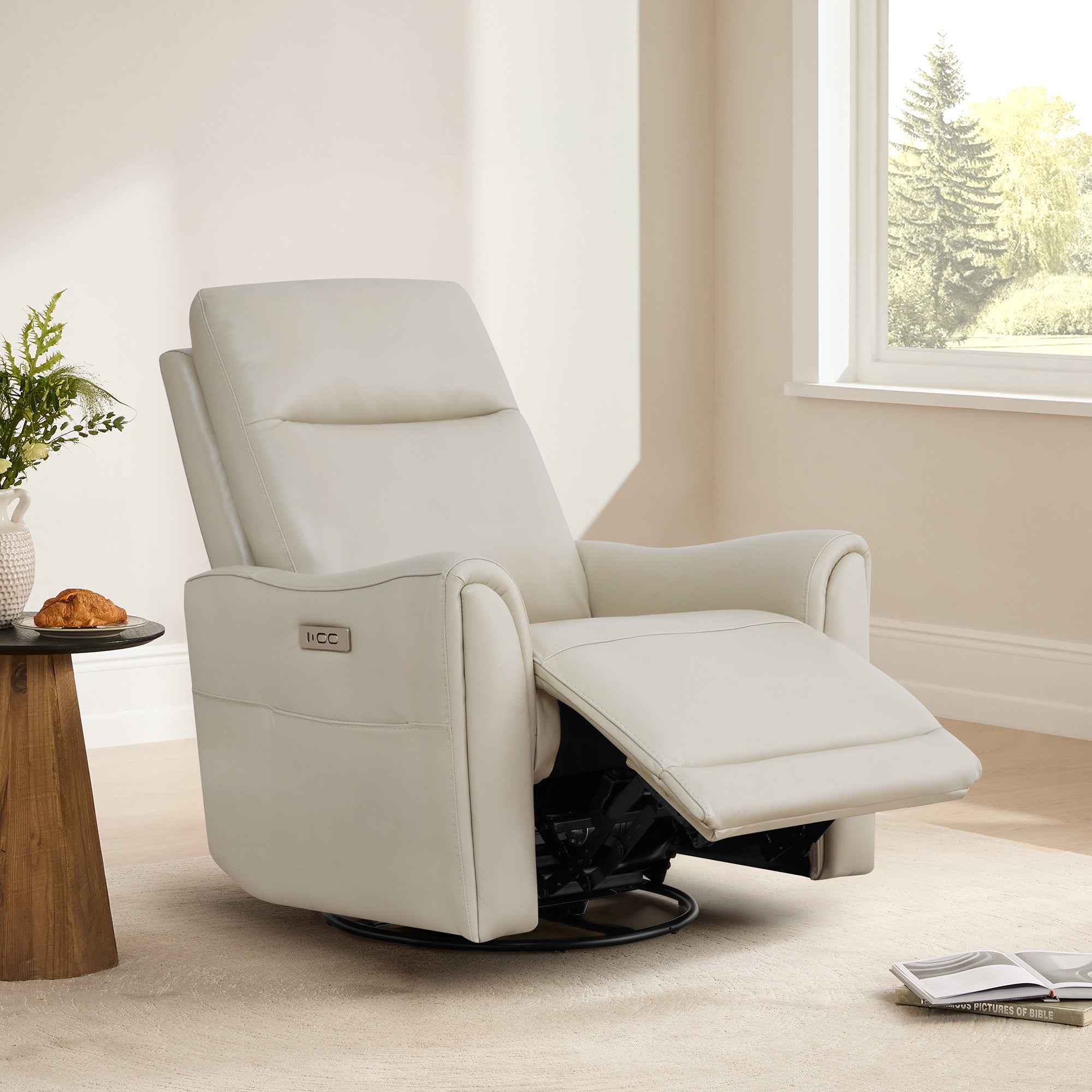 Spruce & Spring Genuine Leather Power Swivel Glider Recliner for Nursery, Light Grey