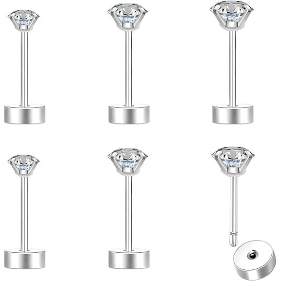 Cterwk 3 Pairs 3mm 4mm 5mm Stud Flat Screw Back Earrings Cubic Zirconia Earring Stud for Women, Silver