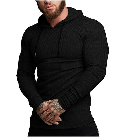 Iugvhana Hooded T-Shirts for Men Long Sleeve Pullover Hood Sweatshirts with Drawstring Stripe Texture Casual Sports Tops Black L