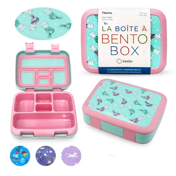 Lonchera Bento Kinsho para niños pequeños, 5 secciones, Aqua Cat