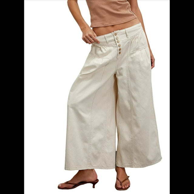 Pantalones Vaqueros Anchos para Mujer, Holgados, con Cintura Elástica, Botones, Estilo Boyfriend, Informales, Sueltos, con Bolsillos. Beige M
