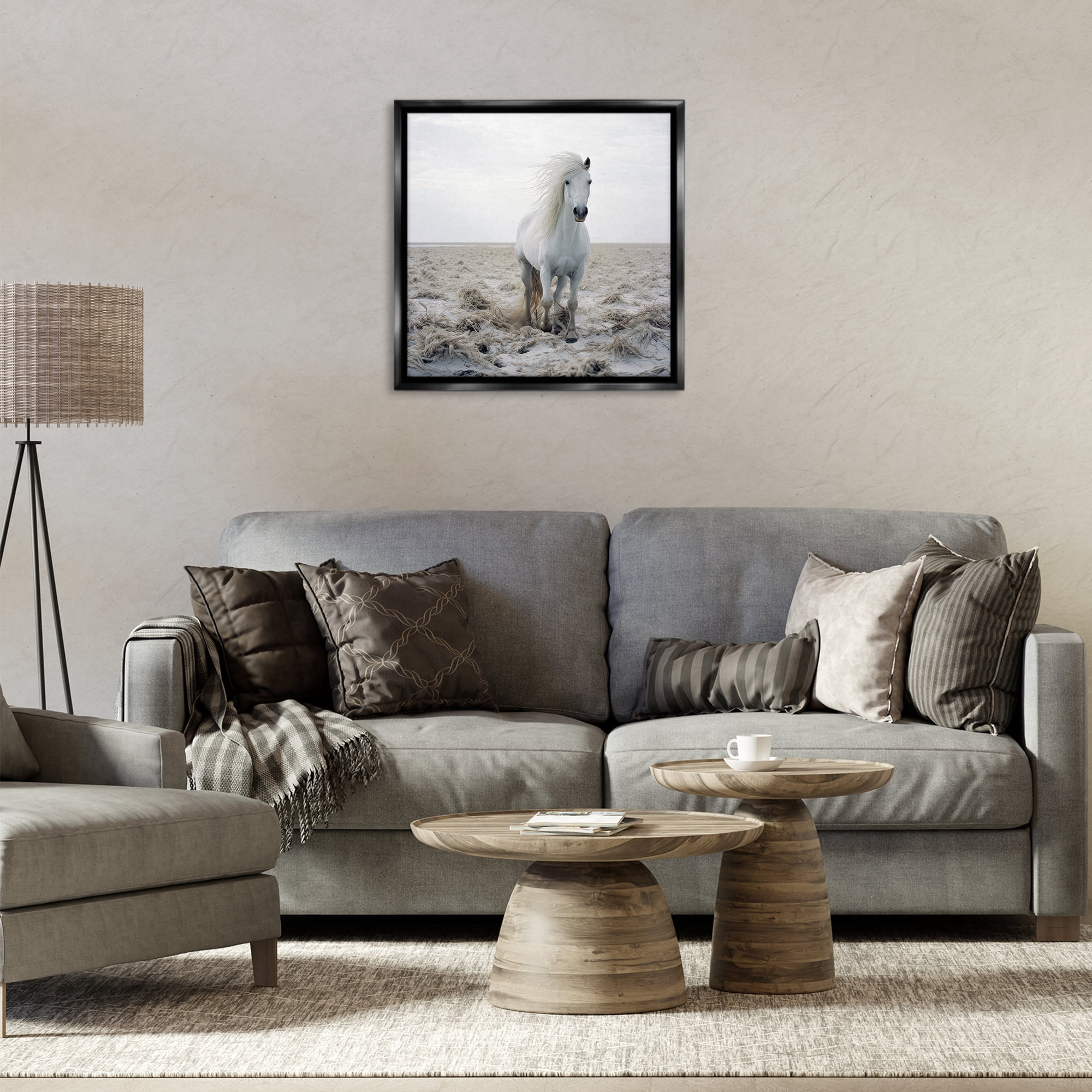 Stupell Industries Windswept Beach Horse Animals Photography Black Floater Framed Canvas Art Print Wall Art, 25 x 25