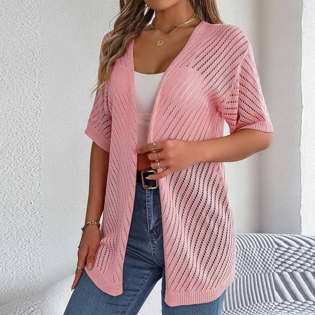 Cardigan de Mode pour Femmes Cameland d'Automne Cardigan à Manches Courtes Ajouré Uni pour Femmes