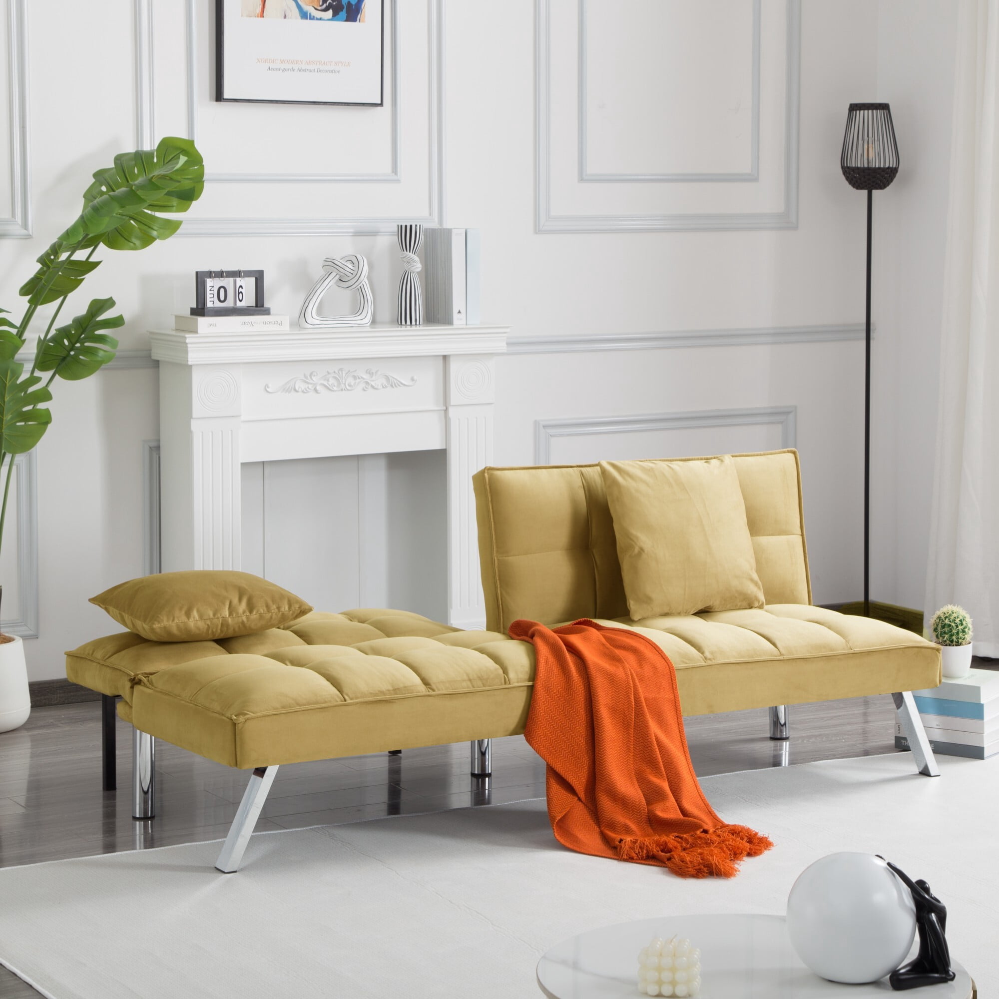 DEALTOPS 67" Convertible Futon Sofa Bed, 5-Angle Split-Back Sleeper with 2 Pillows for Small Spaces, Mustard Yellow