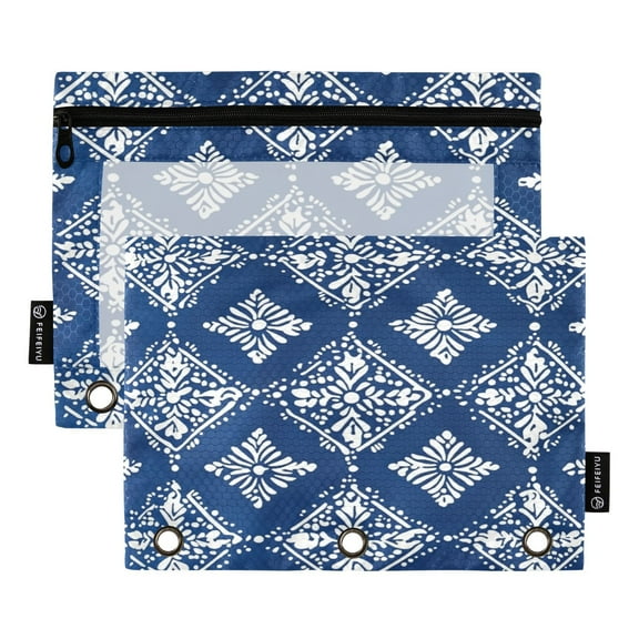 Iauyy Pencil Case for 3-Ring Binder, Transparent Window Pencil Box with Smooth Zipper, Large Capacity 3-Ring Binder Pencil Case, with 3 Reinforced Eyelet,Batik Pattern