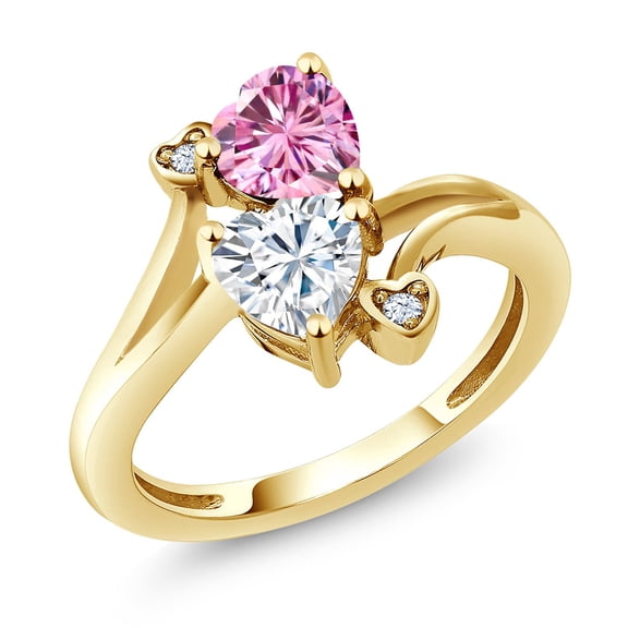 Gem Stone King 18K Yellow Gold Plated Silver Pink Moissanite White Moissanite Ring for Women (1.63 Cttw, Heart Shape 6MM, Gemstone Birthstone, Size 7)