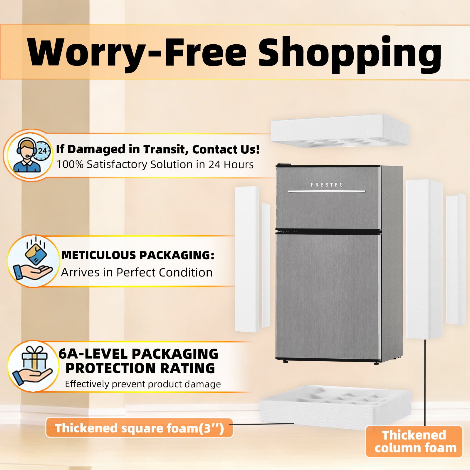 Frestec 3.2 Cu. Ft. Double-Door Compact Refrigerator with Freezer, Adjustable Thermostat, Quiet Mini Fridge for Dorm, Office, Bedroom, Black