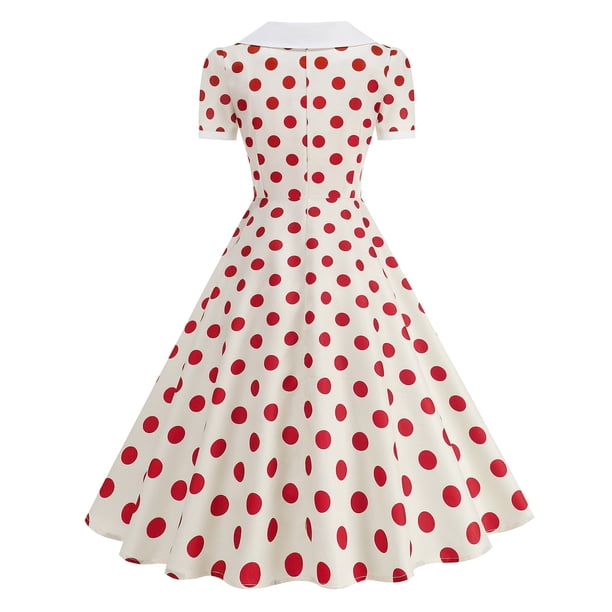 Hduncf Women's Retro Dress Short Sleeve Shawl Collar Polka-Dot Printing Swing Midi Dress Vintage Casual Dresses with Pockets Yellow XL