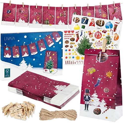 Calendario de Adviento LIVAIA Craft 2022 con 24 bolsas de papel y pegatina
