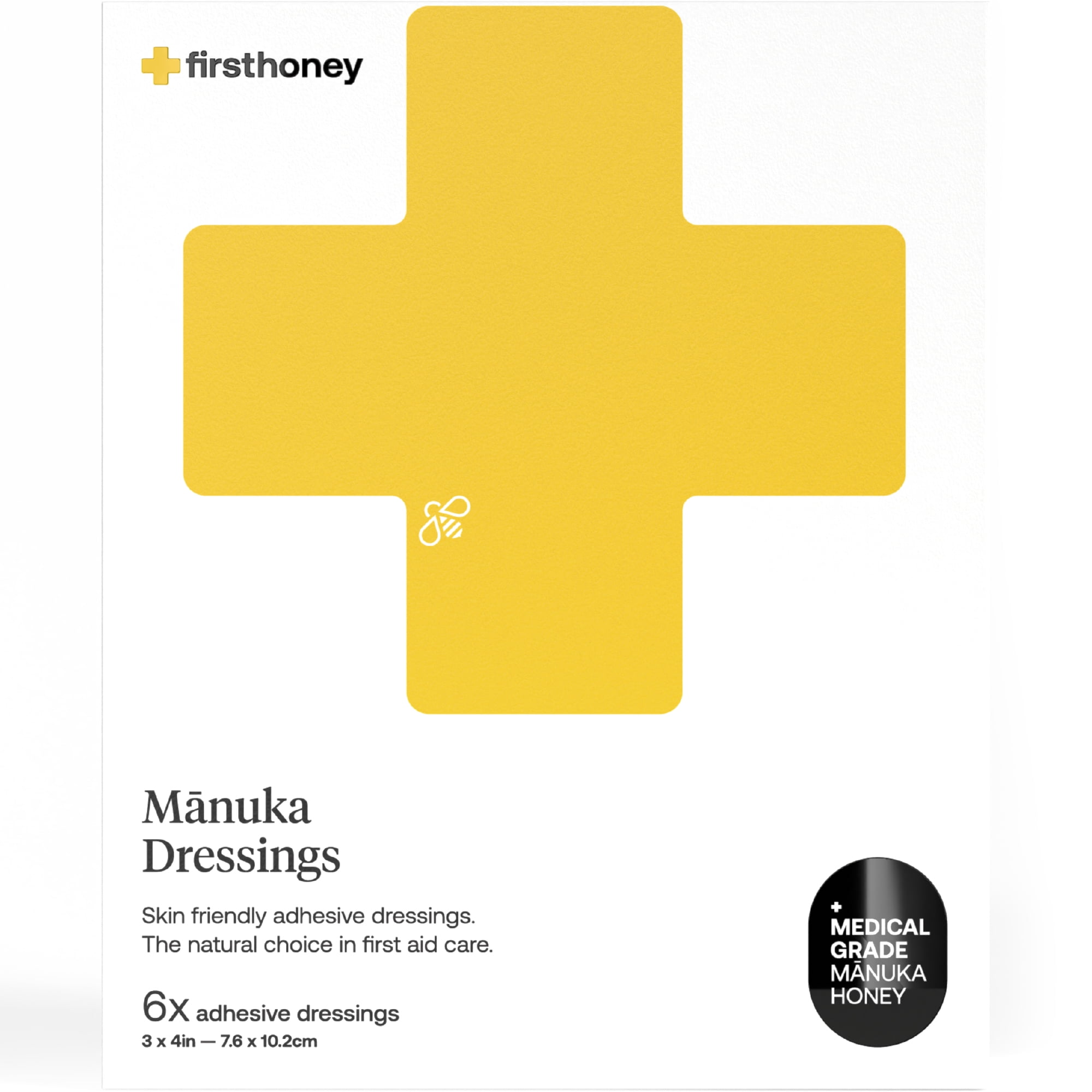 First Honey Adhesive Bandages Manuka Honey Medical Grade Pads Latex Free, Antibiotic Free (6 Pack)