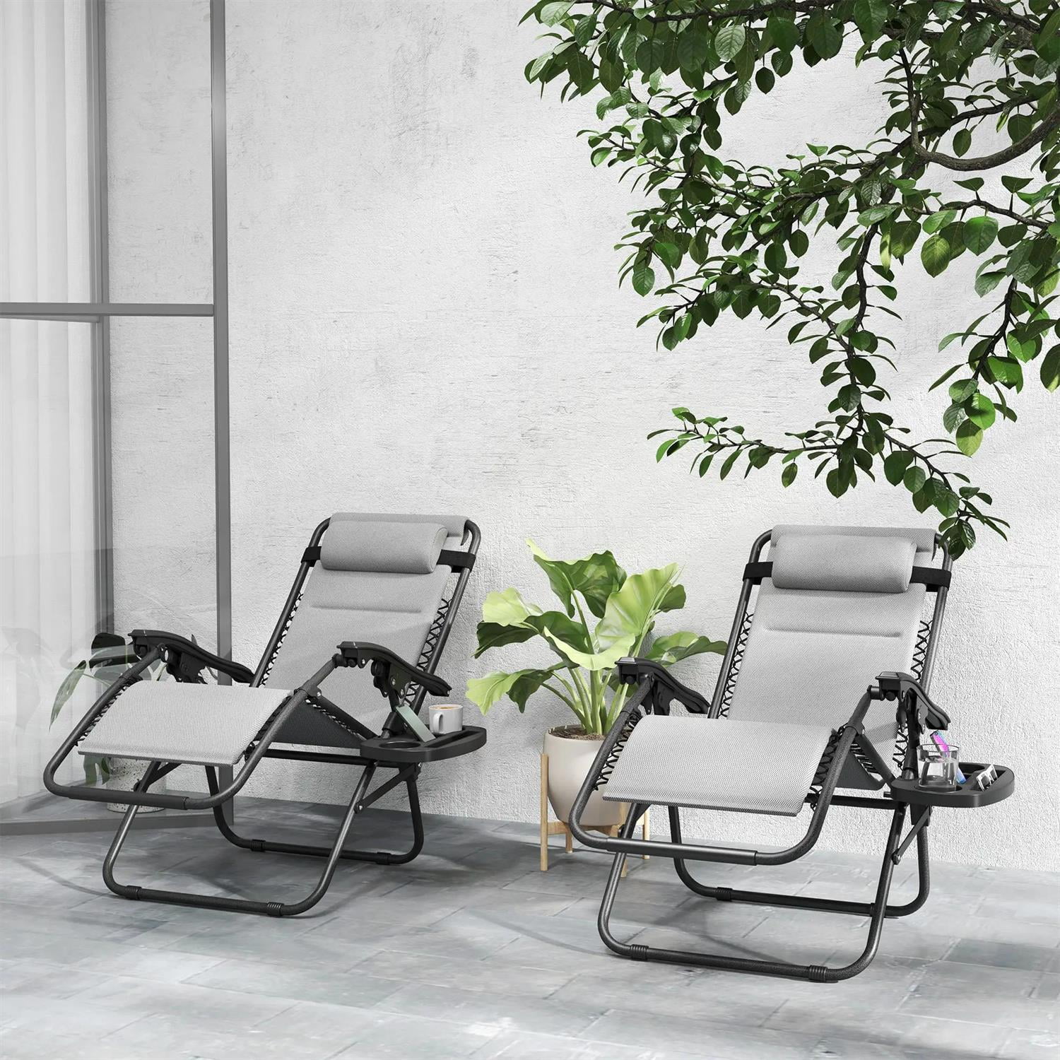 Demi Bonn Zero Gravity Lounge Chair Set, 2 Pieces Reclining Folding Outdoor Lounge Chairs with Headrest Side Tray for Porch, Balcony, Poolside, Gray