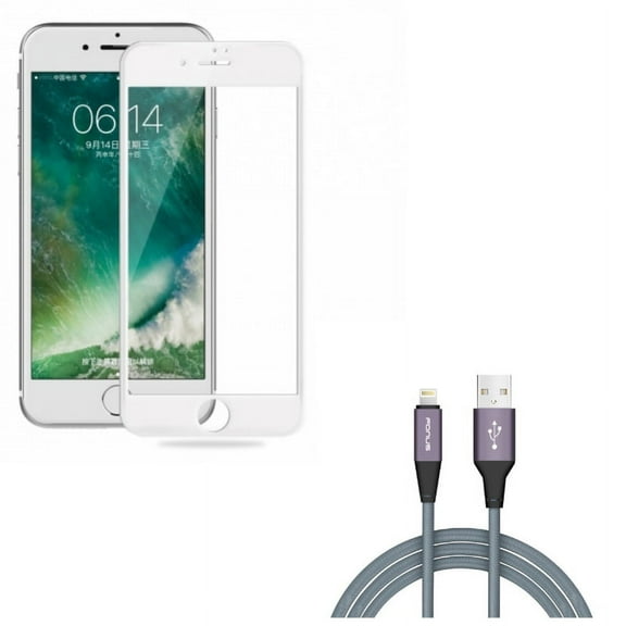 iPhone 8/7/6S/6 - Ceramics Screen Protector w Charger Cord 6ft USB Cable - Matte White 3D Curved Edge Full Cover Anti Glare, Power Wire Braided Long Sync for iPhone 8/7/6S/6