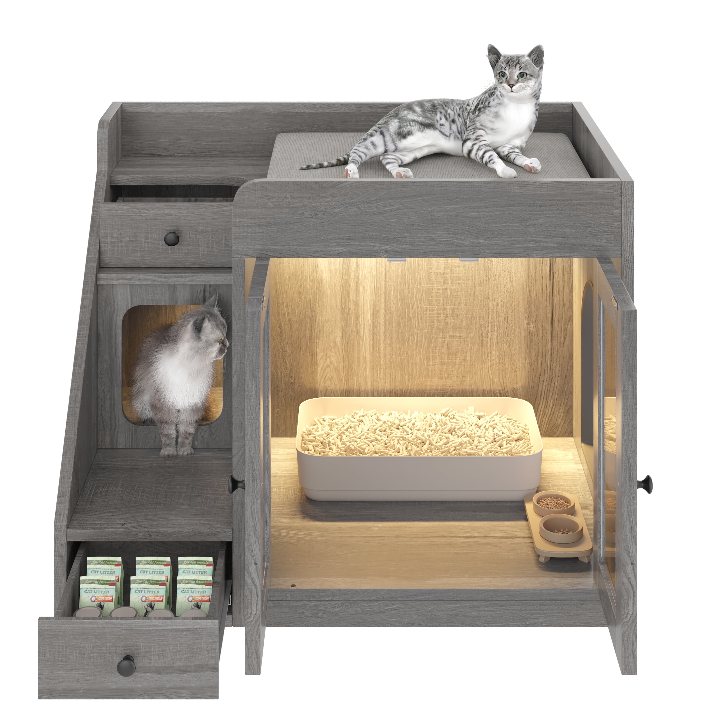 Aukfa Cat Litter Box Enclosure with LED Light and 2 Storage Drawers for Living Room,Gray
