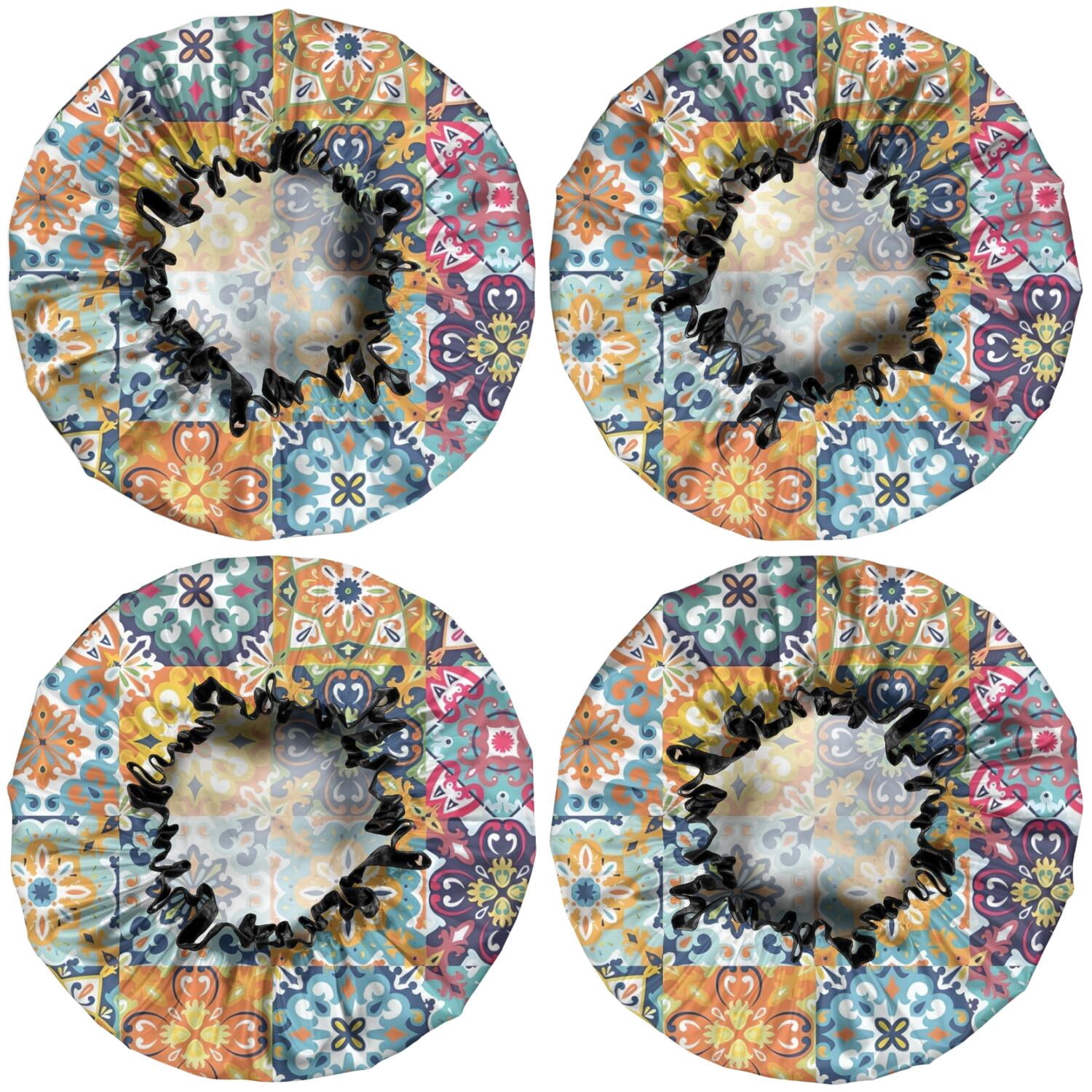 Shower Caps,Blue Boho Bohemia Floral Geometric Pattern Waterproof Shower Cap for Women 4 Pieces,Double Reusable Hair Cover for Shower PEVA Elastic Stretch Hem