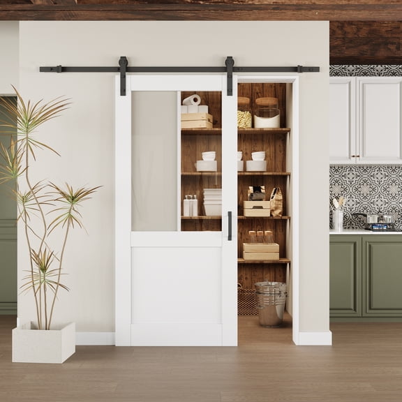 36" x 80" Modern White Primed And Clear Glass Sliding Barn Door With Installation Hardware Kit(No Assembly Required)