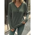 thumbnail image 4 of Women'S V-Neck Long Sleeve Striped Knit Button Shirt Autumn Casual Loose Elegant Tunic Top Army Green XL, 4 of 9