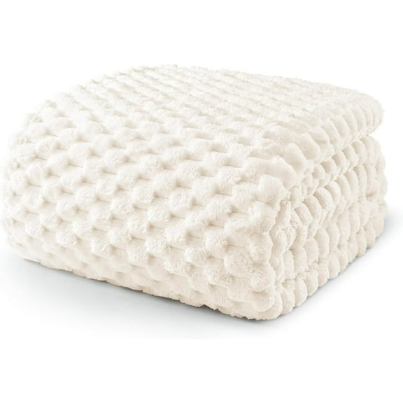 EnjinZZ Queen Size Soft Fleece Blanket, 90x90 Inches Stylish Jacquard Velvet Blanket for Bed, Fuzzy Cozy Lightweight for All Season, Ivory