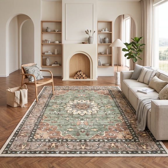 Prilinex 9'x12' Area Rug Living Room Rug, Large Washable Rug for Bedroom Dining Room, Vintage Floral Carpet Low Pile Distressed