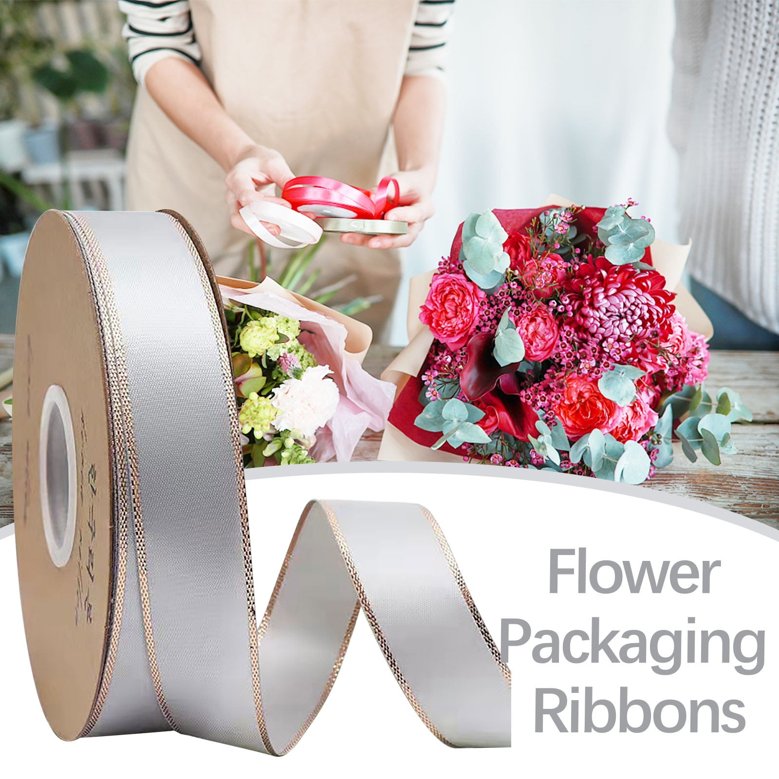 Jubipavy Ribbons .3cm Double Gold Edged Polyester Ribbon Gift Flower Packaging Ribbon Decoration Ribbon DIY Ribbon