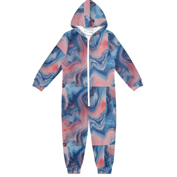 Blue Pink Marble Boys & Girls Hooded One-Piece Pajamas Warm Crystal velvet Hooded Long Sleeve Loungewear Jumpsuit Unisex