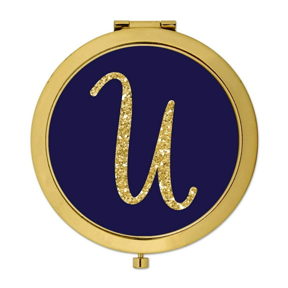 Koyal Wholesale Gold Compact Mirror Bridesmaid's Wedding Gift, Navy Blue | Faux Gold Glitter, Monogram Letter U, 1-Pack