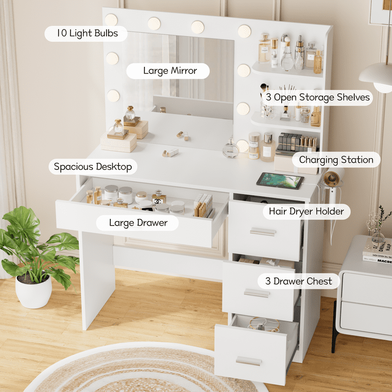 Vineego Makeup Vanity with LED Lights, Vanity Set with Charging Station & Ample Storage, Vanity Desk for Bedroom & Dressing Room, White