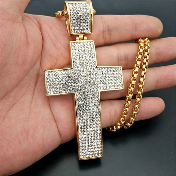 Hip Hop Iced Out Big Cross Pendant Necklace For Men 14K Yellow Gold Rhinestones Necklace Hiphop Christian Jewelry D252