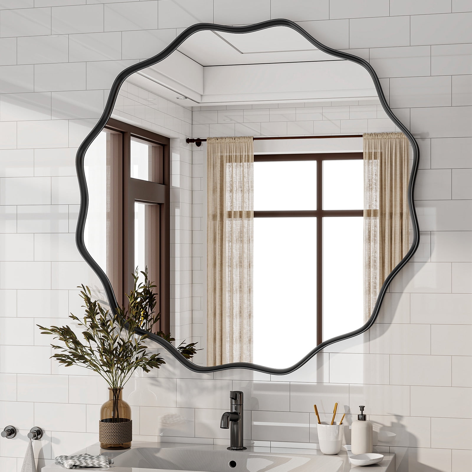 SHATTERVIEW 30" Wavy Round Bathroom Mirror Wall Mounted Vanity Mirror, Black