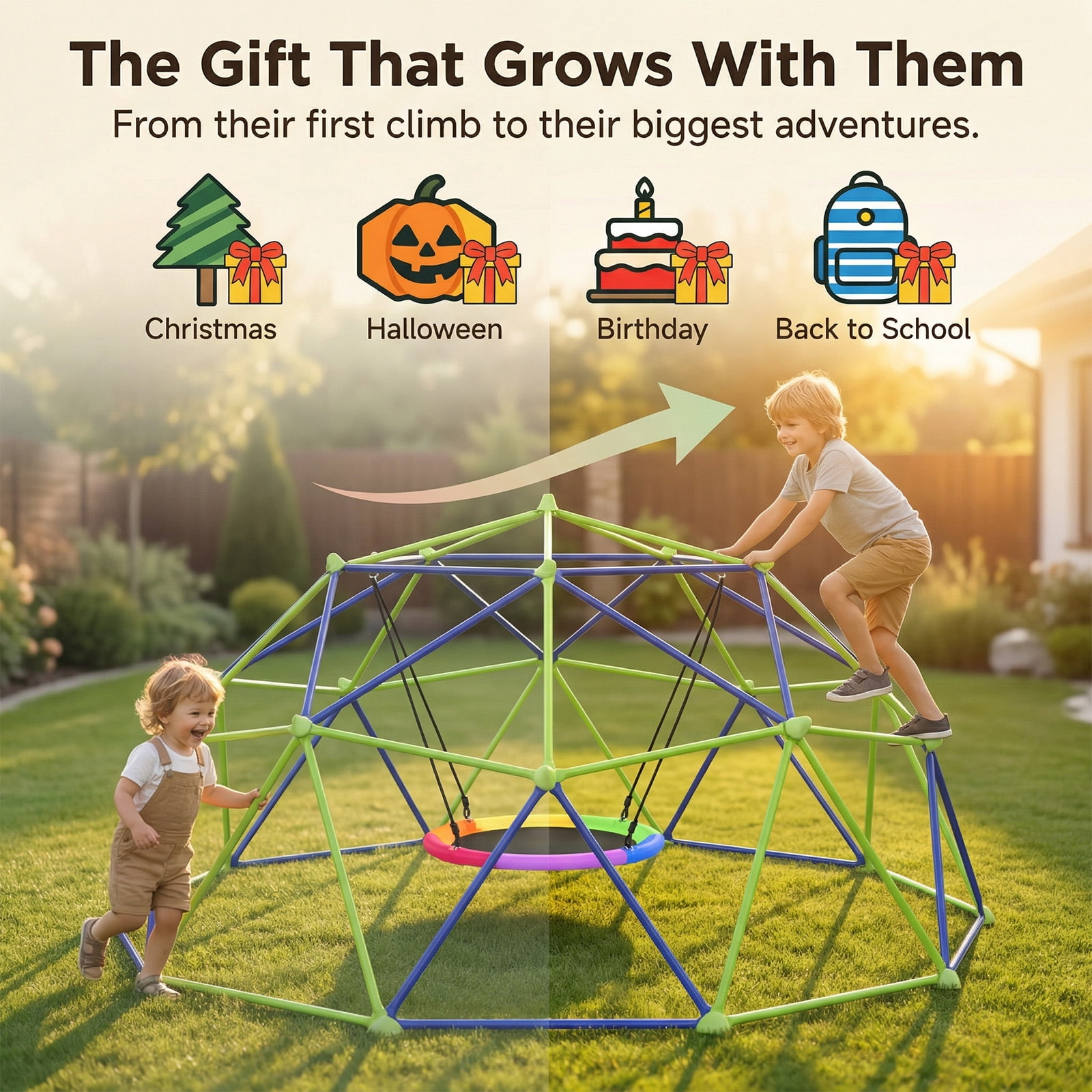 TABU 10FT Climbing Dome with Swing Set, Outdoor Jungle Gym for Kids, Supports up to 1000lbs, Rust-Resistant, Easy Asssembly