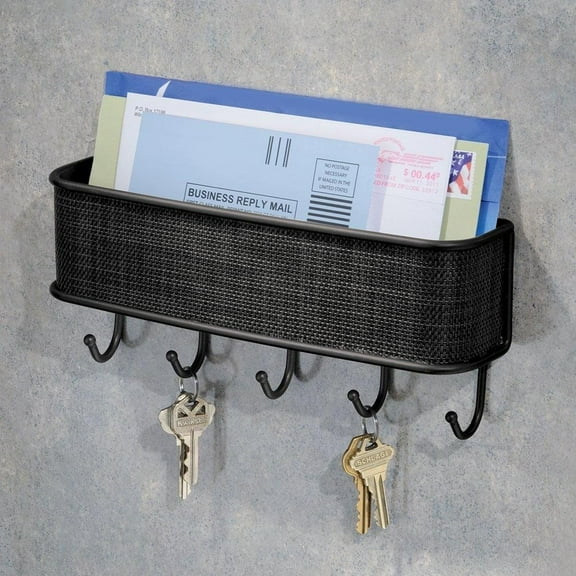 Key Holder for Wall , Wall Mount Metal Storage Organizer Mail Sorter Basket with 5 Hooks - Letter, Magazine, Coat, Leash and Key Holder for Entryway, Mudroom, Hallway, Kitchen, Office -Black