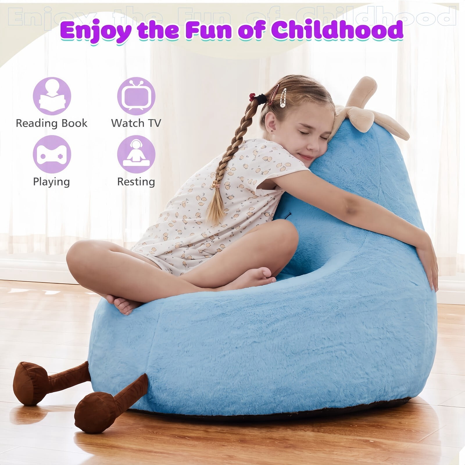 Kelno 24" Kids Bean Bag Chair Faux Rabbit Fur Lazy Chair Toddler Couch, Blue