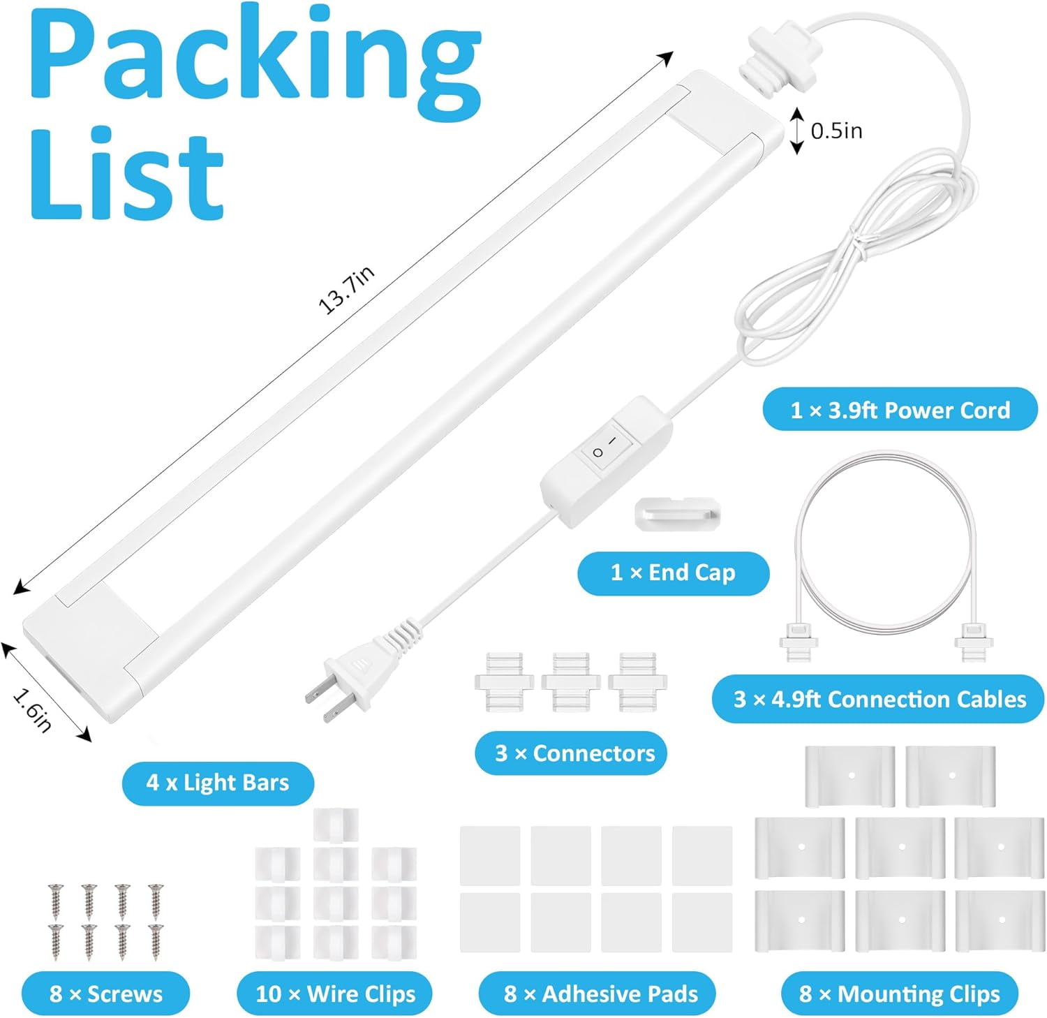 Under Cabinet Lighting Plug in, 4 Pcs 14 Inch Linkable Ultra Bright LED Light Bars, Renter Friendly Lamp, Wired Indoor Lights for Kitchen Cabinet, Counter, Workbench, Desk, Shelf, Cool White