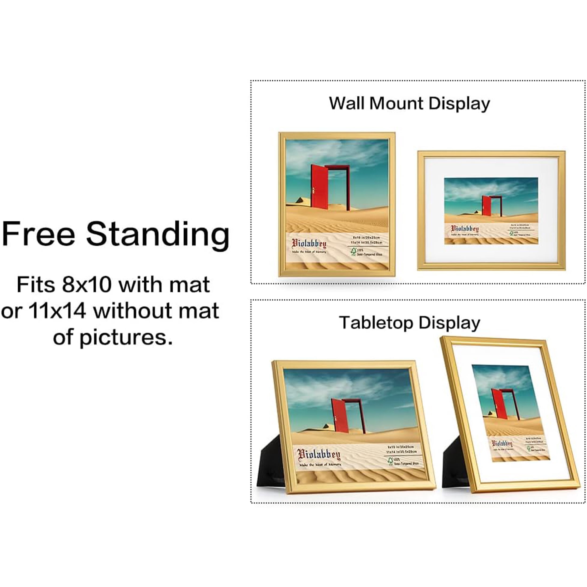 VIOLABBEY 11x14 Picture Frames Set of 4, Fits 8x10 Pictures with Ivory Mat or 11x14 without Mat, Vertical or Horizontal for Wall or Tabletop Display, Semi Tempered Glass, Light Gold