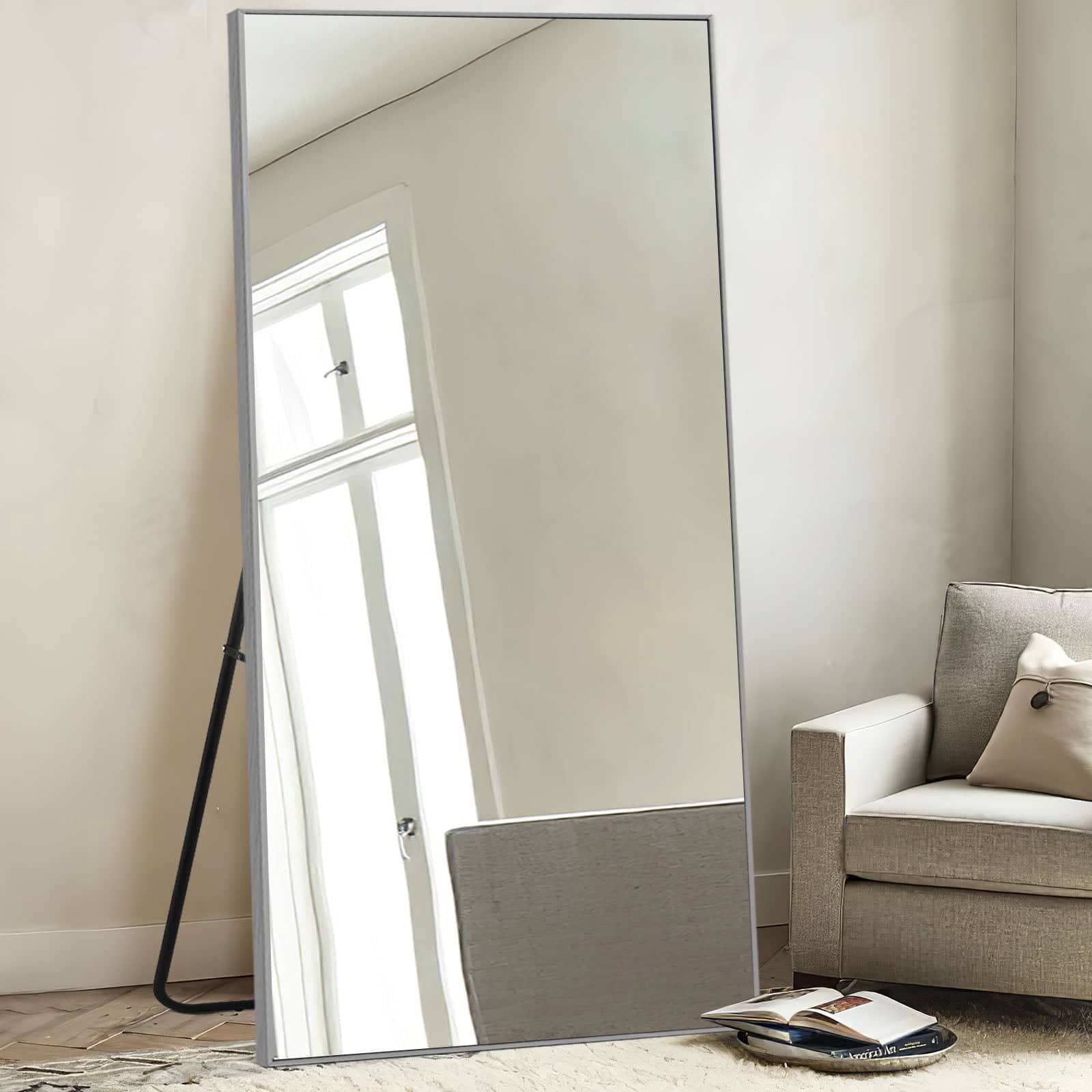 MAYEERTY 71"x31"x1" Aluminum Mid-Century Edged Rectangular Full-length Mirror with Bracket for Bathroom, Silver