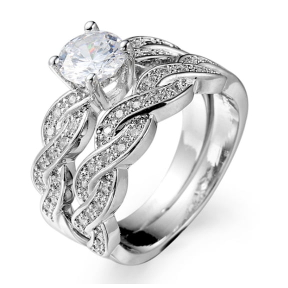 1 Carat Round Cut Moissanite Wedding Set - Bridal Set - Infinity Ring - Forever Ring - Promise Ring - 18k White Gold Plated for Women - size 7