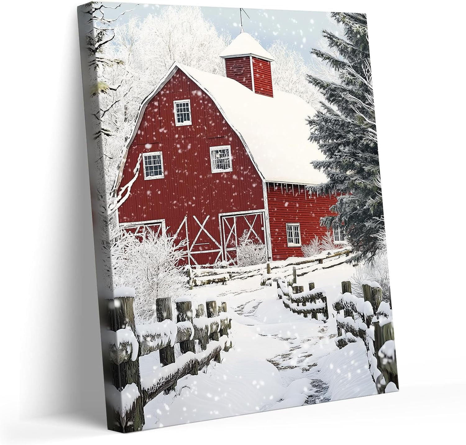 ChristmasCanvas Wall Art Decor with Farm, Red Walls, Snowy Road and Snow-Covered Pines, Holiday Canvas Print for Living Room and Bedroom, Farmhouse-Themed Christmas Wall Art?24X30 inch