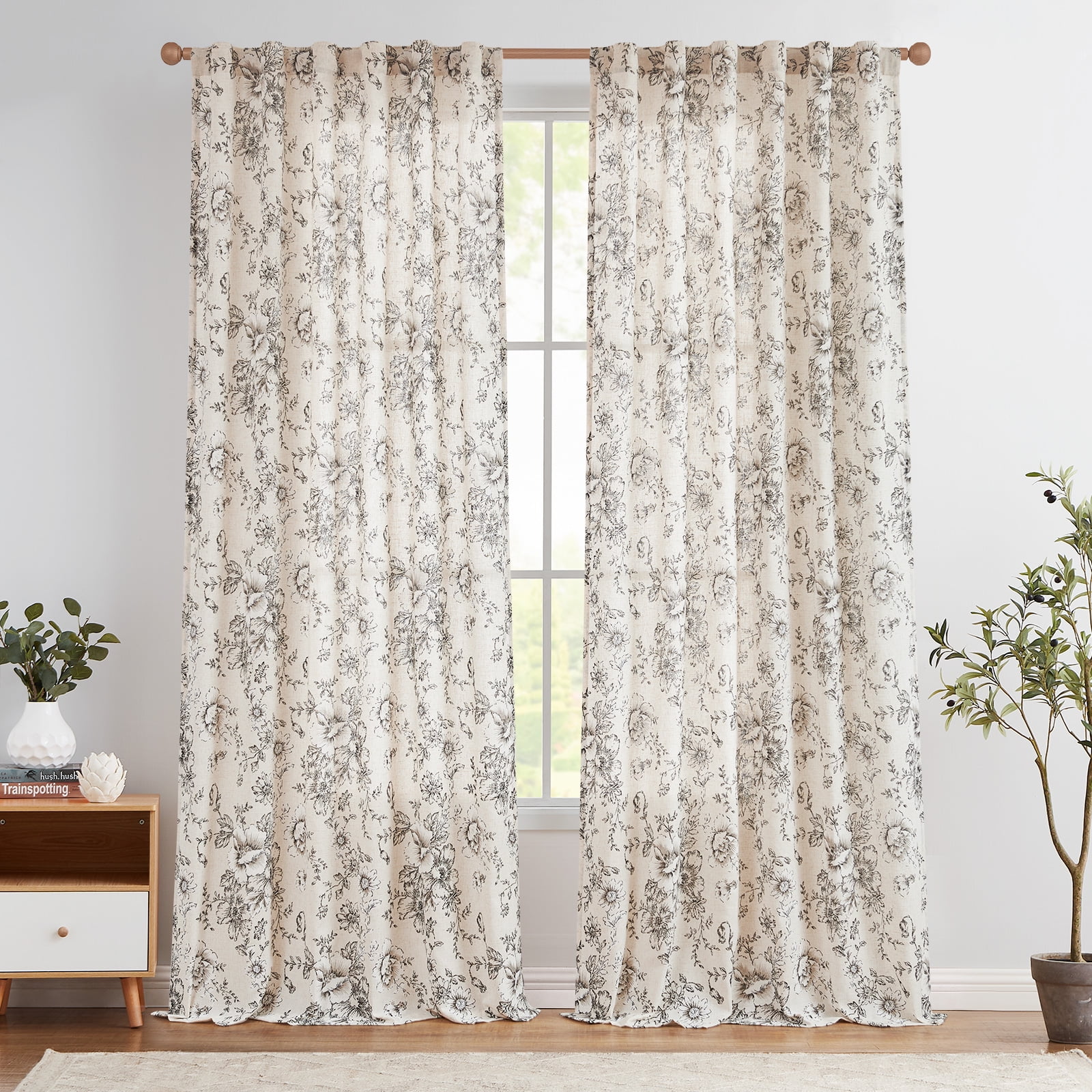 CURTAINKING Linen Curtains Floral Curtains for Living Room 84 Inch Length Black Printed Curtains Rod Pocket Back Tab Farmhouse Peony Flower Patterned Drapes Bedroom Window Curtain Set 2 Panels