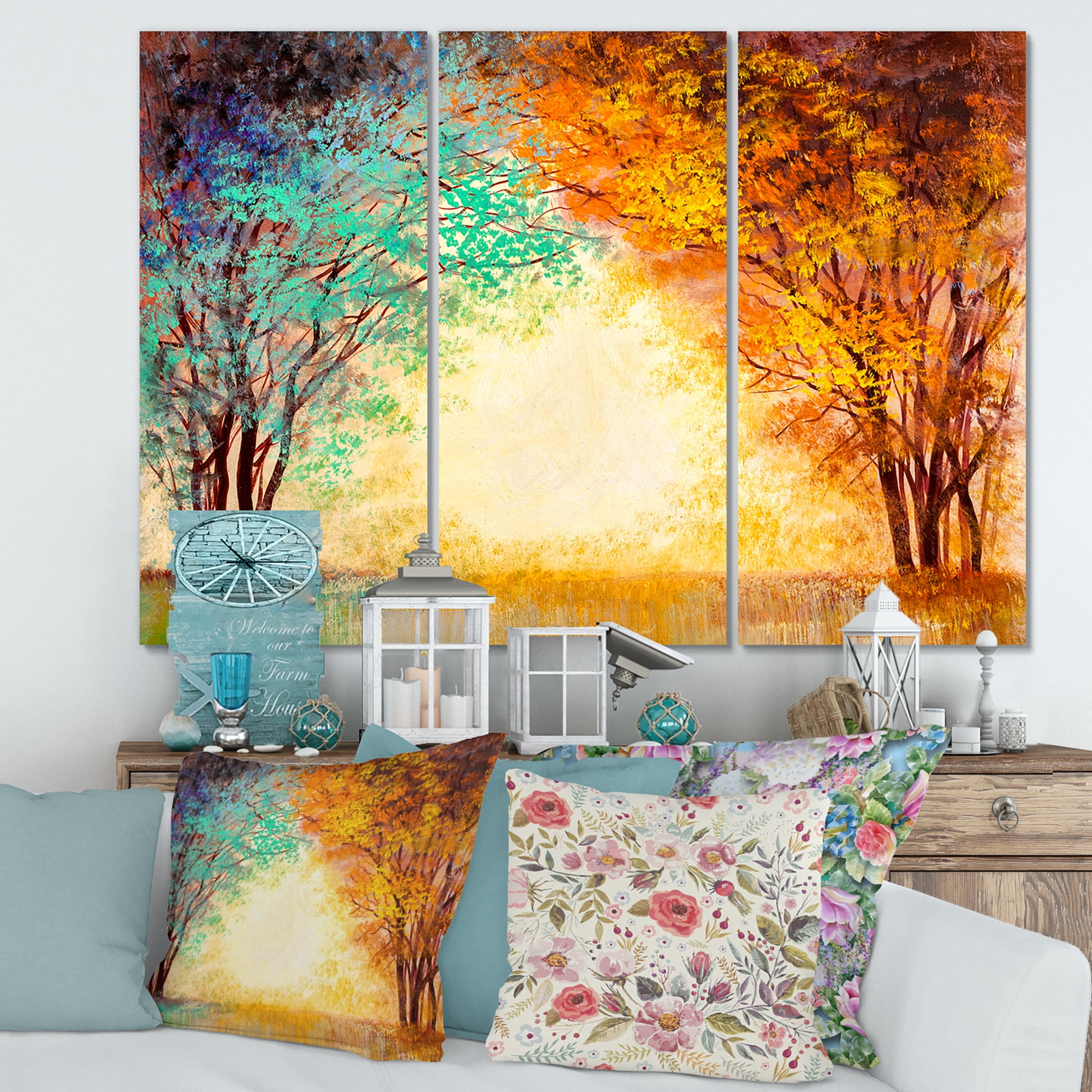 Designart ' Alley Through The Turquise Park In Autumn Sunset ' Traditional Canvas Wall Art Print