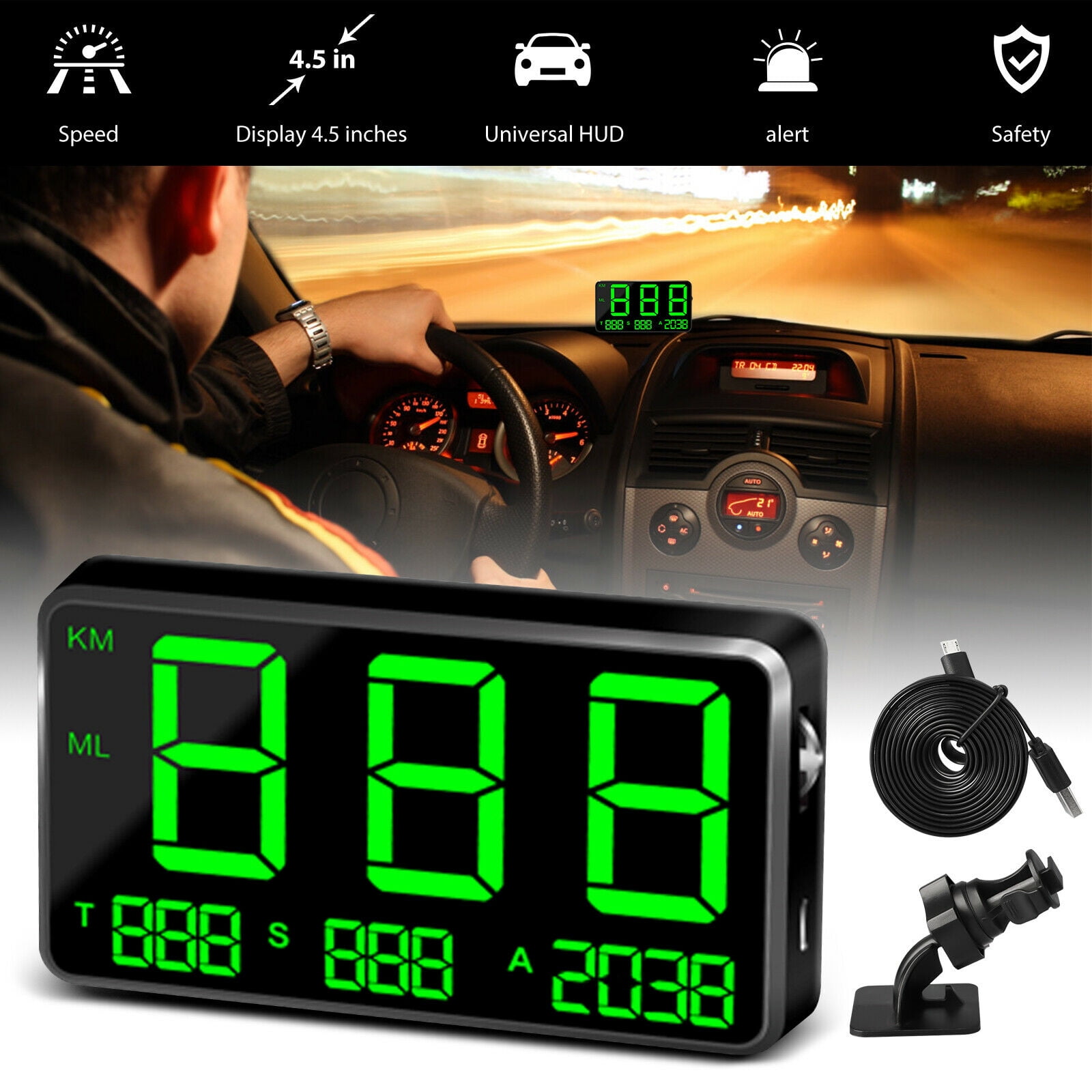Digital Car GPS Speedometer HUD Head Up Display MPH KM/h Overspeed Warning Alarm