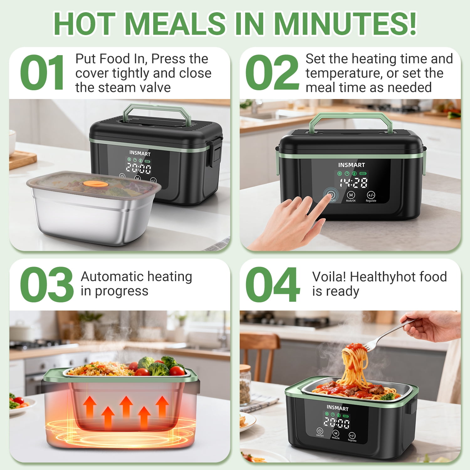 INSMART 6.3-Cup Cordless Electric Lunch Box for Adults, Heated Lunch Box for Men with Scheduled Heating, Portable Car Food Warmer with Utensils, Two-Tier Bag,Dishwasher Safe,Removable Divider