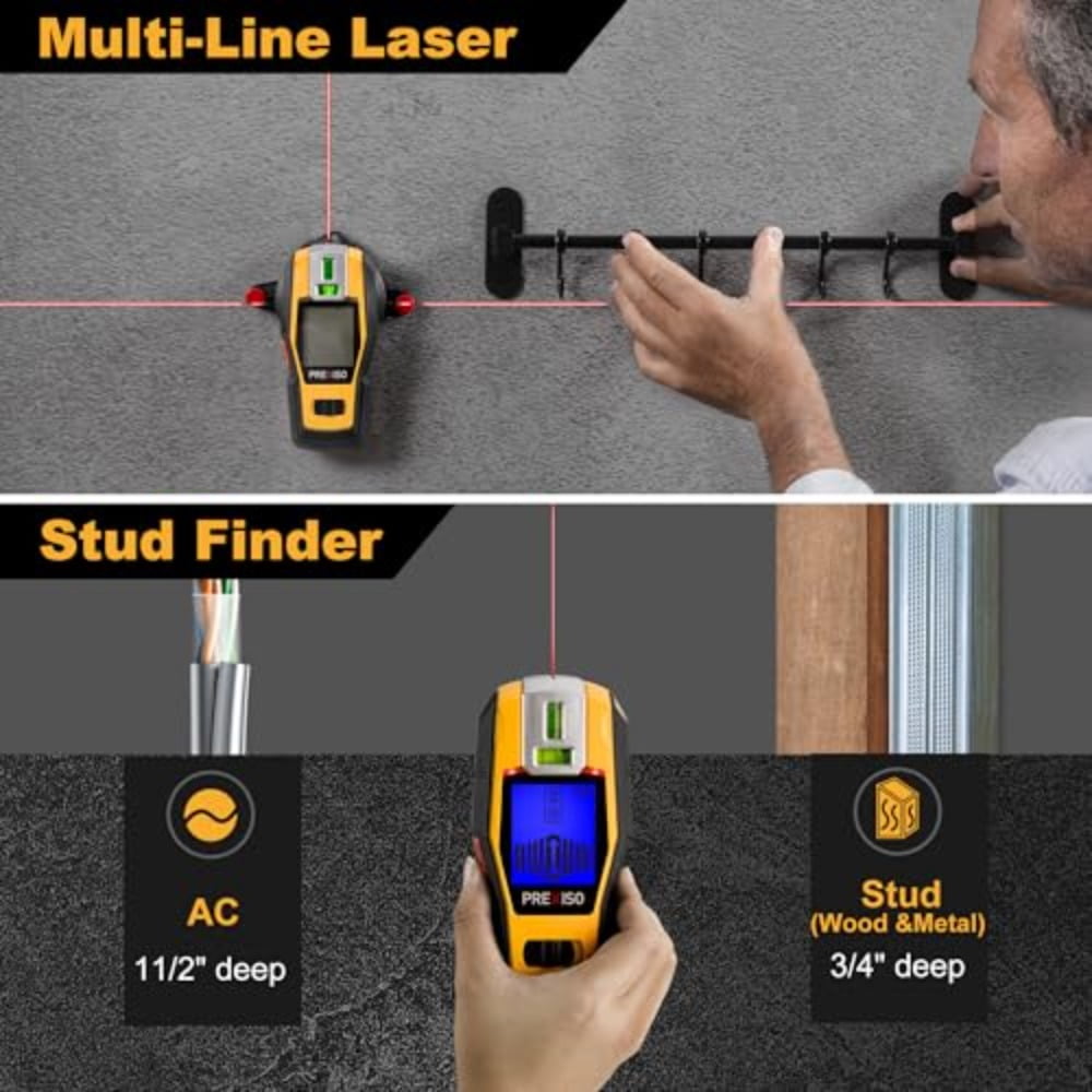 2-in-1 Stud Finder With Level  Rechargeable Multi Surface Cross Line & Wall Scanners Tool For Hanging Frames Picture Wood Ac Wire Metal Studs Joist Pipe Detection