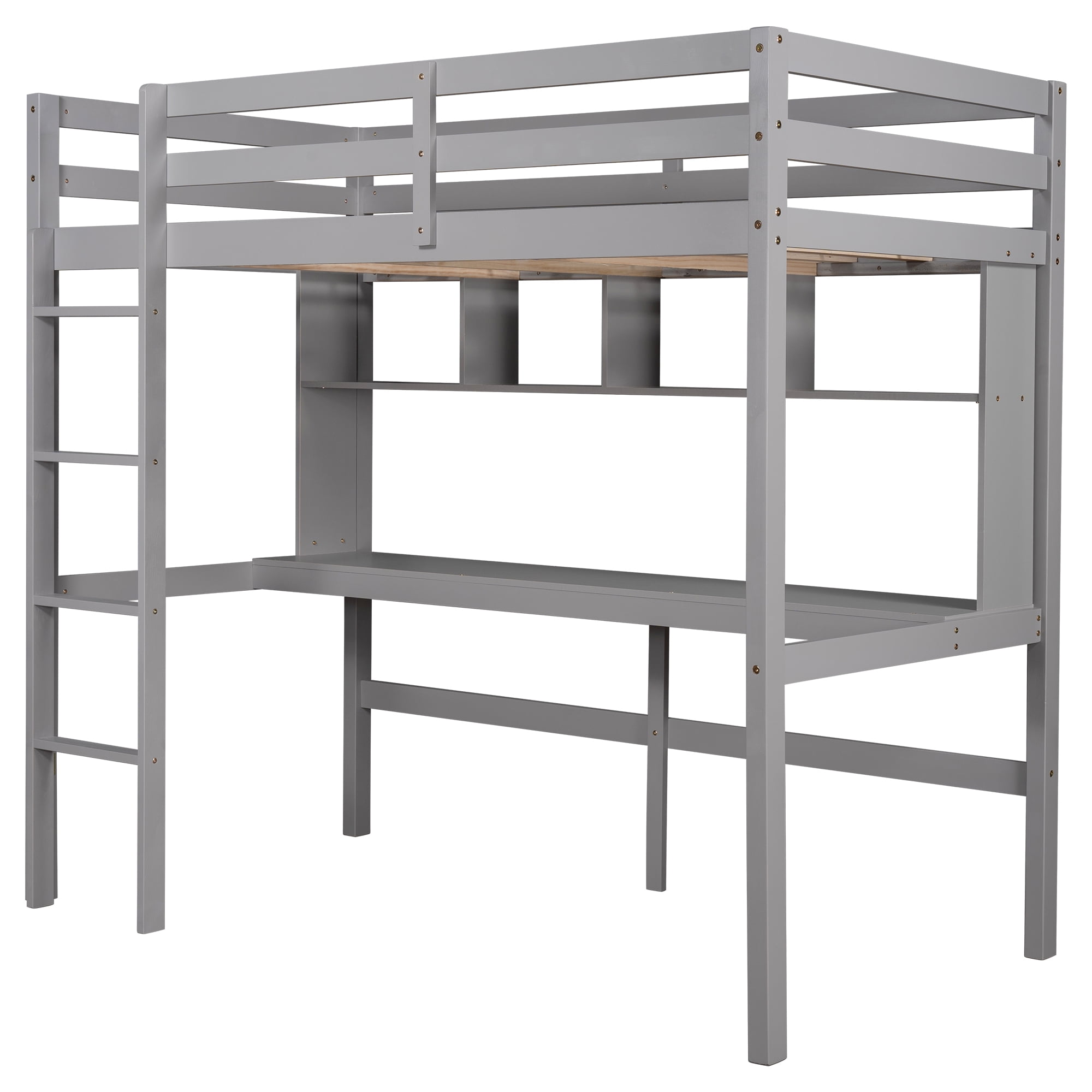 Aukfa Twin Loft Bed with Desk and 4 Shelves, Wood Bed Frame for Kids Teens and Dorm - Gray