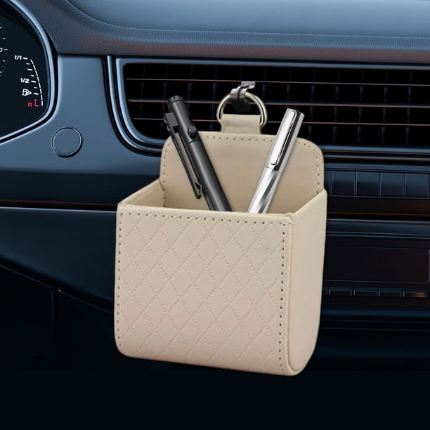 Organizador de cuero para la ventilación del coche: soporte para teléfono y bolsa para objetos pequeños con bolsillo de malla para llaves, cambio y tarjetas. Ajuste universal para vehículos.