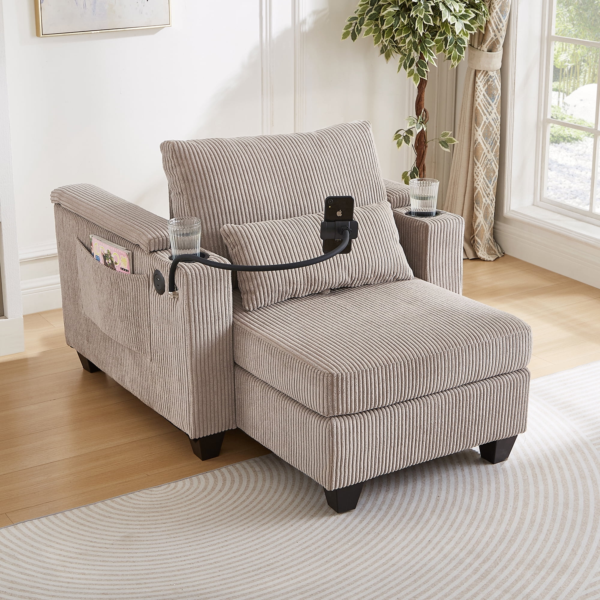 Euroco Convertible Sofa Chair with Chaise Lounge Extension, Hidden Armrest Storage, USB Charging Ports, Phone Holder & Cup Holders, Corduroy Fabric Recliner with Lumbar Pillow, for Small Spaces