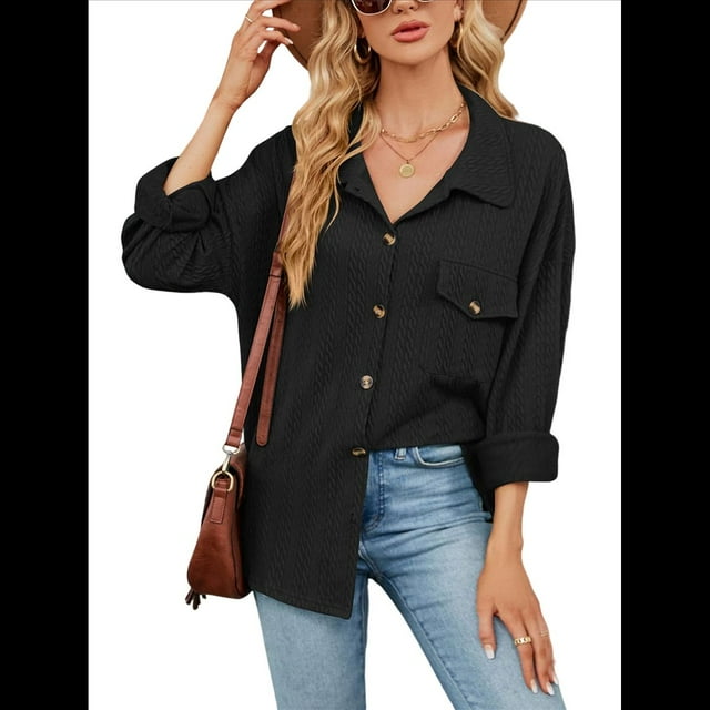 Blusas Informales de Larga Extragrandes con Botones y Cuello Halter para Mujer Negro M