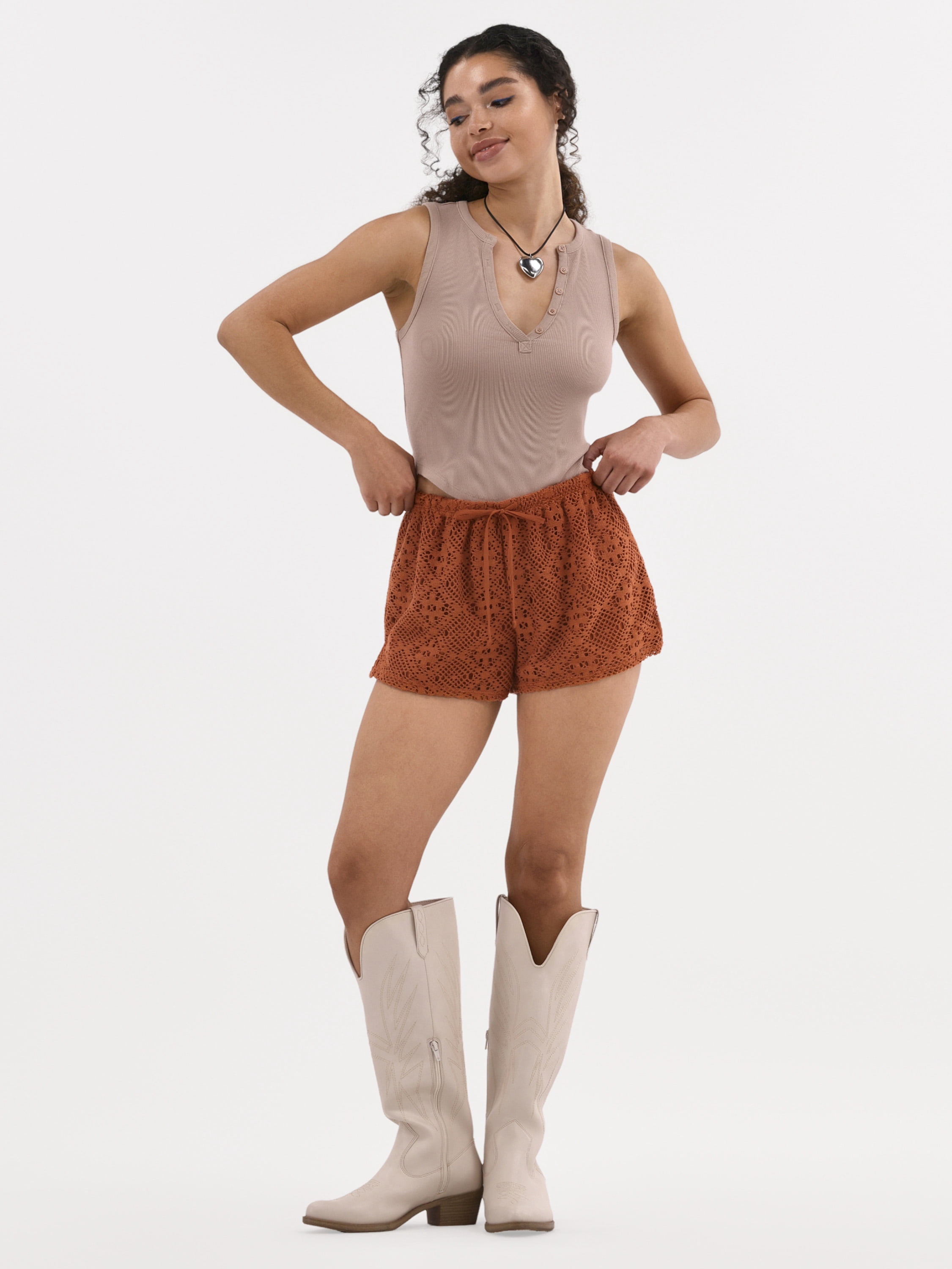 No Boundaries Crochet Drawstring Shorts, 3'' Inseam, Women's